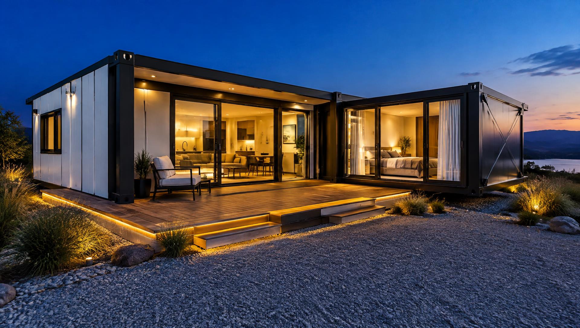 Illustrative render of a finished expandable container home at dusk