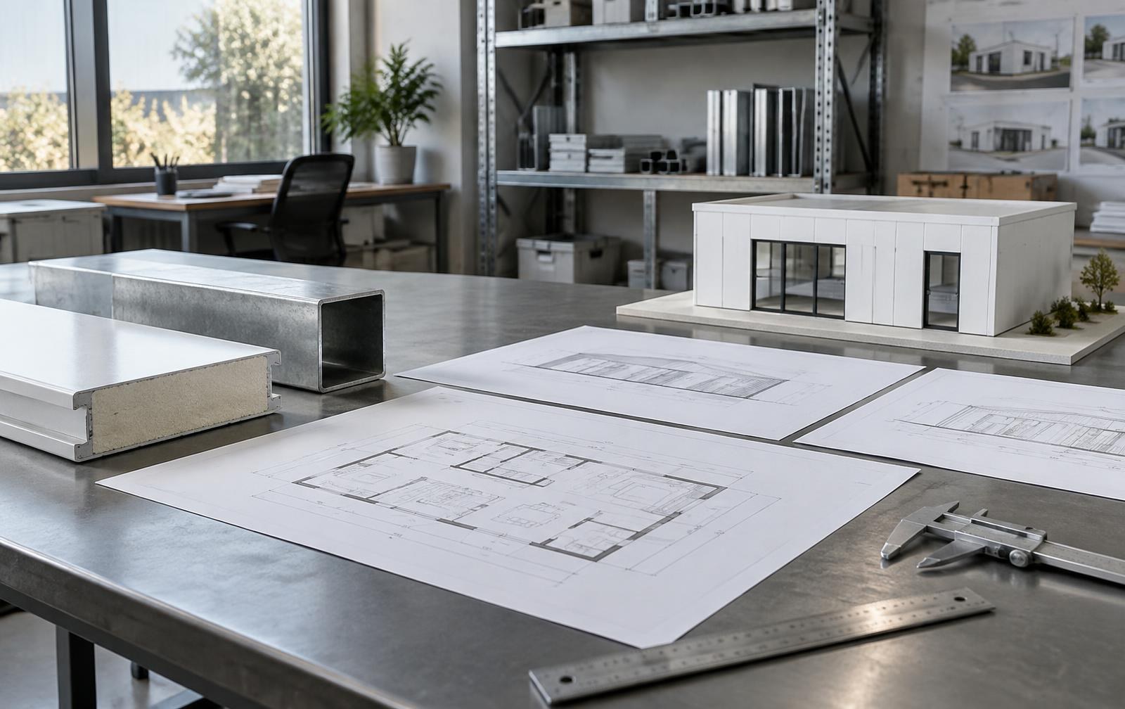 Illustrative modular housing design workspace with plans and material samples