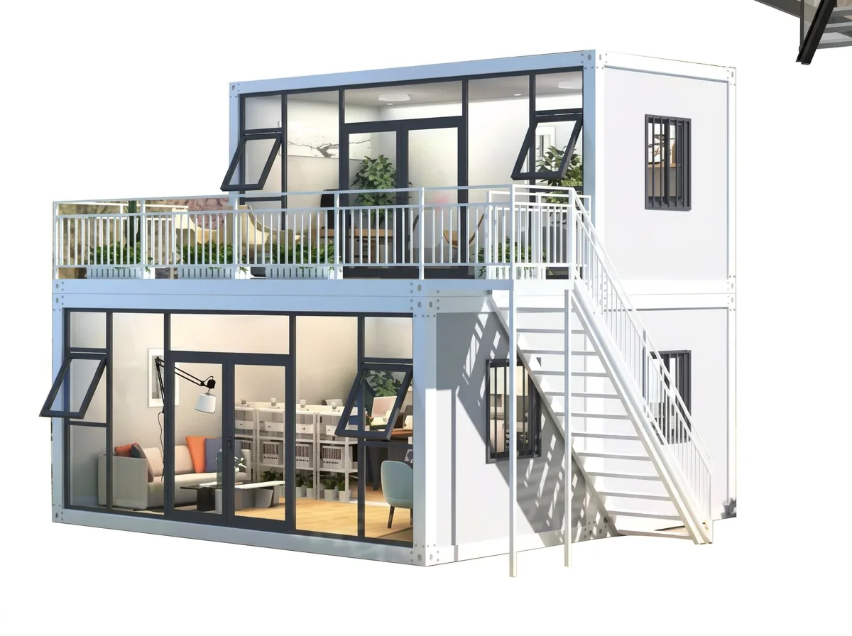 Two-storey light steel structure house with a balcony, full-height glazing and external staircase